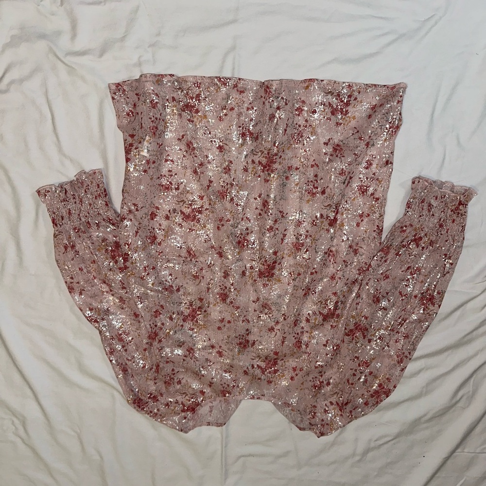 SHEIN pink and silver metallic floral blouse